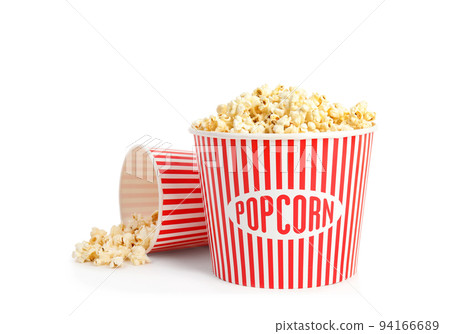 Buckets of tasty pop corn isolated on white 94166689
