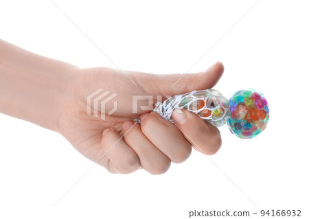 Woman squeezing colorful slime isolated on white, closeup. Antistress toy Woman squeezing colorful slime isolated on white, closeup. Antistress toy 94166932