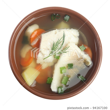 Delicious fish soup in bowl isolated on white, top view Delicious fish soup in bowl isolated on white, top view 94167100