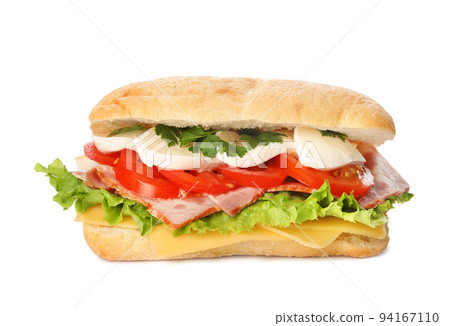 Delicious sandwich with fresh vegetables and mozzarella isolated on white 94167110