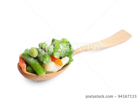 Frozen vegetables in wooden spoon isolated on white Frozen vegetables in wooden spoon isolated on white 94167133