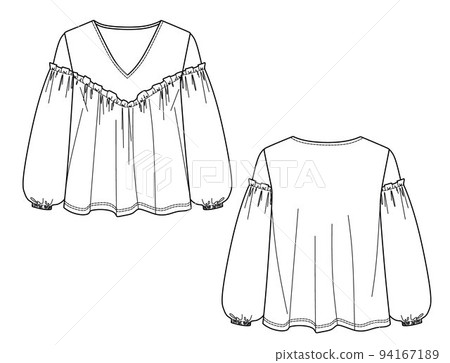 Vector long sleeved blouse technical drawing, balloon sleeved woman top fashion CAD, template, sketch 94167189