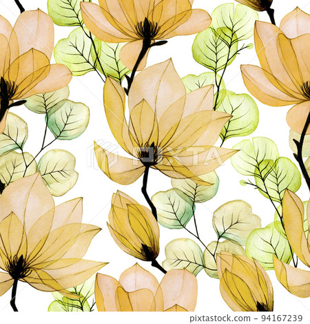 watercolor seamless pattern with transparent magnolia flowers and eucalyptus leaves. flowers and leaves of autumn colors, yellow, orange. delicate, vintage print for fabric, wallpaper. 94167239