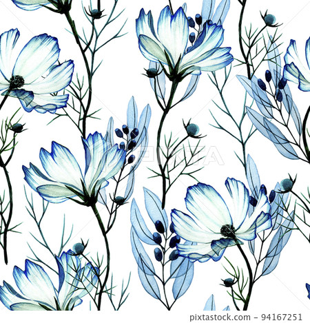 watercolor drawing by hands. seamless pattern with eucalyptus leaves and cosmos, chamomile flowers. transparent drawing of blue leaves and wildflowers on a white background. print for fabric watercolor drawing by hands. seamless pattern with eucalyptus leaves and cosmos, chamomile flowers. transparent drawing of blue leaves and wildflowers on a white background. print for fabric 94167251