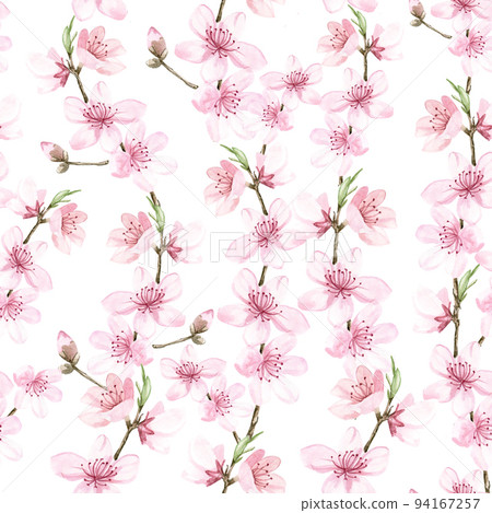 watercolor sakura flowers seamless pattern. blooming cherry hand drawing art. bright pink flowers on a white background, vintage style. design for wallpaper, wrapper, textile watercolor sakura flowers seamless pattern. blooming cherry hand drawing art. bright pink flowers on a white background, vintage style. design for wallpaper, wrapper, textile 94167257
