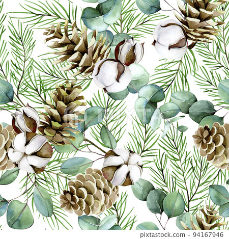 watercolor seamless pattern on the theme of winter, new year, christmas. cotton flowers, eucalyptus leaves, fir branches and cones on a white background watercolor seamless pattern on the theme of winter, new year, christmas. cotton flowers, eucalyptus leaves, fir branches and cones on a white background 94167946