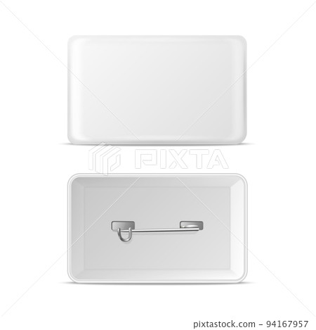 Vector 3d Realistic Rectangular White Metal, Plastic Blank Empty Button Badge Icon Isolated. Button Pin Badge. Glossy Brooch Pin. Front View - Front and Back Side. Template for Branding, Mock-up 94167957