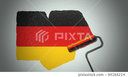 Roller paints the wall in colors of German flag. Travel concept. Germany. 3D render. Roller paints the wall in colors of German flag. Travel concept. Germany. 3D render. 94168214