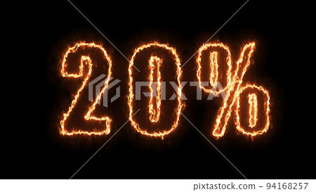 20 sale banner. Fiery inscription. 20 percent discount. 3D render. 94168257