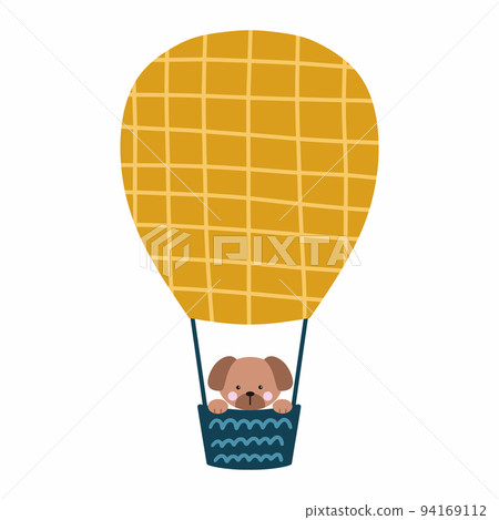 Puppy flying in air balloon. Cute dog. Poster for nursery. Vector illustration in cartoon style. Puppy flying in air balloon. Cute dog. Poster for nursery. Vector illustration in cartoon style. 94169112