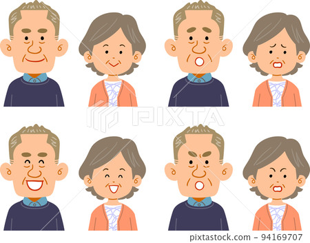 A set of facial expressions of a long-faced male and female senior couple 94169707