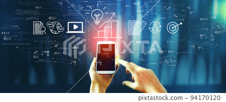 Content marketing concept with person using smartphone Content marketing concept with person using smartphone 94170120