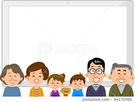 Upper body of a three-generation family laughing with a tablet PC 94170566