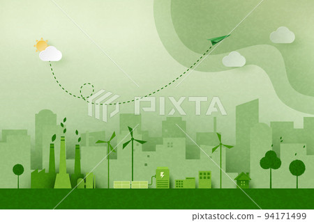 Green industry and alternative renewable energy.Green eco friendly cityscape background.Paper art of ecology and environment concept. 94171499