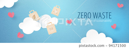 Zero Waste concept.Reusrable paper bag floating on blue sky with clouds and hearts.Paper art of conservation and sustainable environment and ecology concept.Vector illustration. 94171500