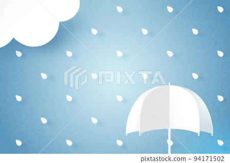 Umbrella, Rain and cloud on blue sky background. Rainy season, Paper cut of monsoon sale banner template. Vector illustration. 94171502