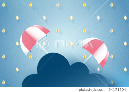 Red Umbrella, Rain and cloud on blue sky background. Rainy season, Paper cut of monsoon sale banner template. Vector illustration. 94171504