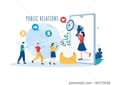 Public Relations Template Hand Drawn Cartoon Flat Illustration with Team for Idea of Marketing Campaign Through Mass Media to Advertise your Business 94173686