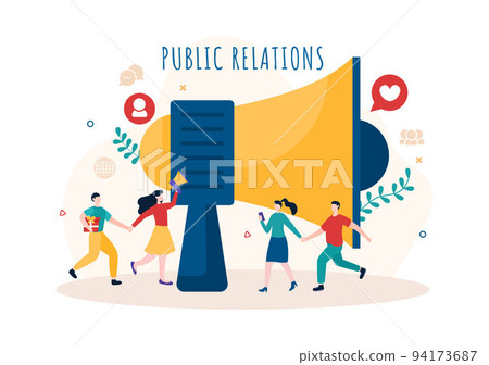 Public Relations Template Hand Drawn Cartoon Flat Illustration with Team for Idea of Marketing Campaign Through Mass Media to Advertise your Business 94173687