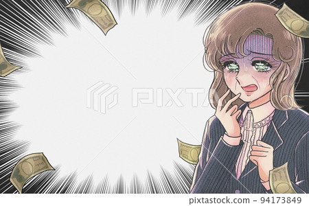 A single middle-aged woman who is worried about her retirement funds in a girl's cartoon style A single middle-aged woman who is worried about her retirement funds in a girl's cartoon style 94173849