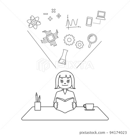 Illustration of a child learning science and mathematics (white background, vector, line drawing, clipping) 94174023