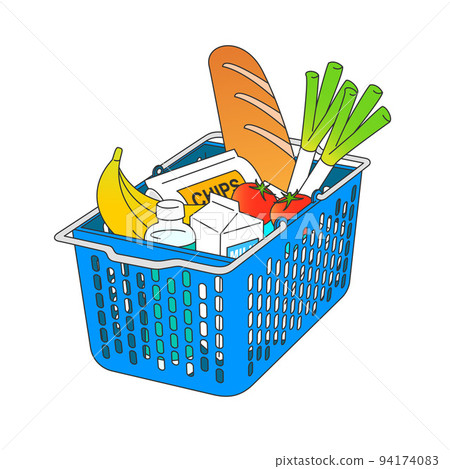 一個裝滿產品的藍色購物籃的插圖 一個裝滿產品的藍色購物籃的插圖 94174083