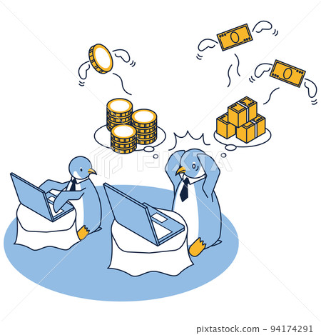 一隻擔心錢，甚至在工作中也擔心的企鵝 94174291