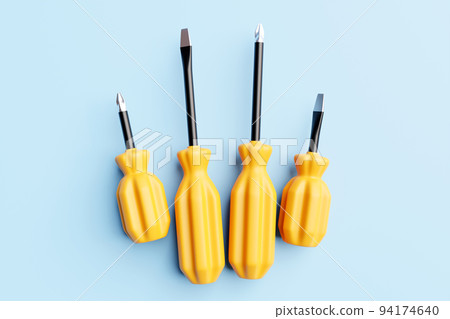 3D illustration of a yellow  screwdrivers in cartoon style on a monochrome  isolated background. Hand carpentry tool for DIY shop. 94174640