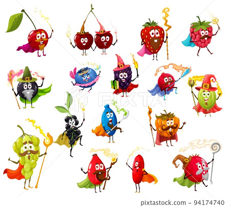 Garden berry fruits funny wizard, magician and witch characters, vector cartoon peronages. Strawberry, blueberry, cherry twins wizards, grape and raspberry sorcerer with currant witch Garden berry fruits funny wizard, magician and witch characters, vector cartoon peronages. Strawberry, blueberry, cherry twins wizards, grape and raspberry sorcerer with currant witch 94174740