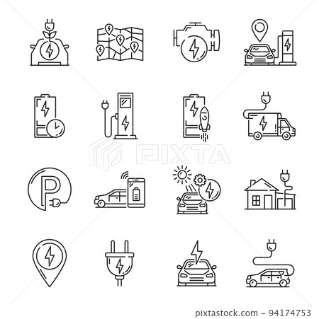 Electric car charge outline icons, vehicle... - Stock Illustration ...