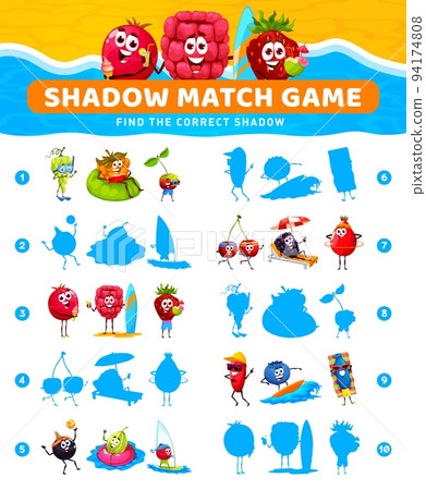 Shadow match game. Cartoon berry characters on on summer vacation. Gooseberry and raspberry surfer, black currant, blackberry on beach, blueberry, cherry twins and rosehip, strawberry and honeyberry Shadow match game. Cartoon berry characters on on summer vacation. Gooseberry and raspberry surfer, black currant, blackberry on beach, blueberry, cherry twins and rosehip, strawberry and honeyberry 94174808