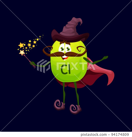 Cartoon chlorium micronutrient warlock character. Isolated vector Cl funny food supplement. Nutrient or element bubble mage, green capsule personage wear witch hat, cape making spell with wand Cartoon chlorium micronutrient warlock character. Isolated vector Cl funny food supplement. Nutrient or element bubble mage, green capsule personage wear witch hat, cape making spell with wand 94174809