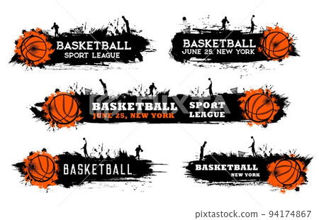 Basketball grunge banners with player silhouettes. Basketball sport league championship, team tournament or competition announcement vector banners with ball, players silhouette and paint splatters Basketball grunge banners with player silhouettes. Basketball sport league championship, team tournament or competition announcement vector banners with ball, players silhouette and paint splatters 94174867