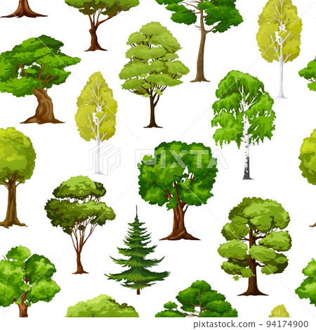 Cartoon forest and garden green trees, seamless pattern background, vector. Park nature landscape with pine and fir trees wood, leaves of birch, maple and oak, summer woodlands plants pattern 94174900