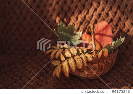 Dry leaves in a wicker basket on the sofa 94175246