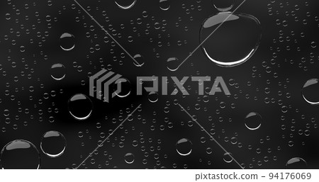 Condensation water drops on black glass background, 3D render. Realistic clear droplets of dew or rain with light reflection on dark window surface. Pure liquid texture, wet pattern 94176069