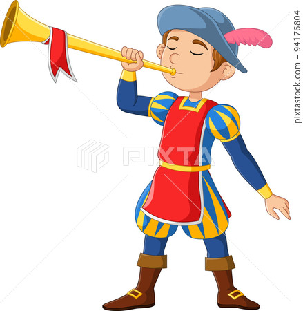 Medieval man herald blowing trumpet 94176804