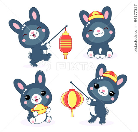 Happy New 2023 Year of the Black Water Rabbit. Set of cute little bunny in kawaii style Happy New 2023 Year of the Black Water Rabbit. Set of cute little bunny in kawaii style 94177537