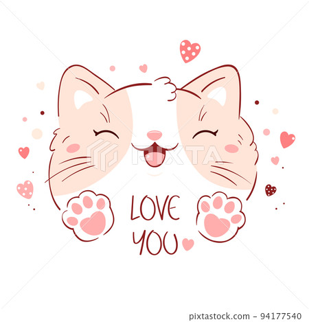 Cute Valentine card in kawaii style. Lovely cat with pink hearts Cute Valentine card in kawaii style. Lovely cat with pink hearts 94177540