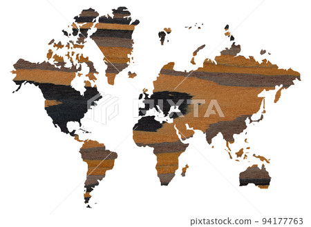 Detailed decorative world map cut from wood texture ebony, isolated on white background 94177763