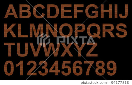 Letters and numbers cut from wooden ebony consisting of capital letters and numbers used in the English alphabet Letters and numbers cut from wooden ebony consisting of capital letters and numbers used in the English alphabet 94177818