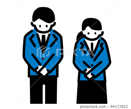 A simple illustration of a man and woman wearing a suit bowing 94177852