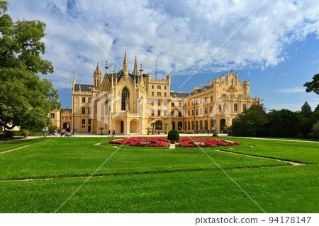 A beautiful castle with a garden and a park. Lednice - Czech Republic - South Moravia. A popular tourist spot for travel and excursions. A beautiful castle with a garden and a park. Lednice - Czech Republic - South Moravia. A popular tourist spot for travel and excursions. 94178147