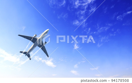 Horizontal nature background with aircraft and Jet trailing smoke in the sky. Airplane and condensation trail Horizontal nature background with aircraft and Jet trailing smoke in the sky. Airplane and condensation trail 94178508