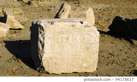 Hieroglyph on Ruins of fortress at the Sai island, Nile river, Sudan 94178617