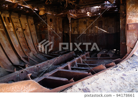 Panorama of ship cemetery near Moynaq at sunrise, Karakalpakstan, Uzbekistan 94178661