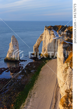 Chalk cliffs and strangely shaped rocks on the Étretat coast in the late afternoon sun Chalk cliffs and strangely shaped rocks on the Étretat coast in the late afternoon sun 94178773