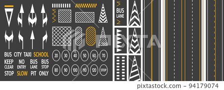 Road marking. Asphalt strip sign collection, city street line highway traffic empty driveway surface, urban transportation marks. Vector set 94179074