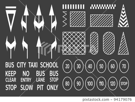Asphalt signs. Road map toolkit top view, crosswalk traffic speedway ringroad highway roadside street icons, pathway marking plan. Vector isolated set 94179076