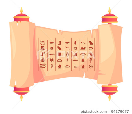 Old papyrus with hieroglyphs. Ancient manuscript scroll with egyptian culture religious symbols, antique Egypt civilization historical writing. Vector illustration 94179077